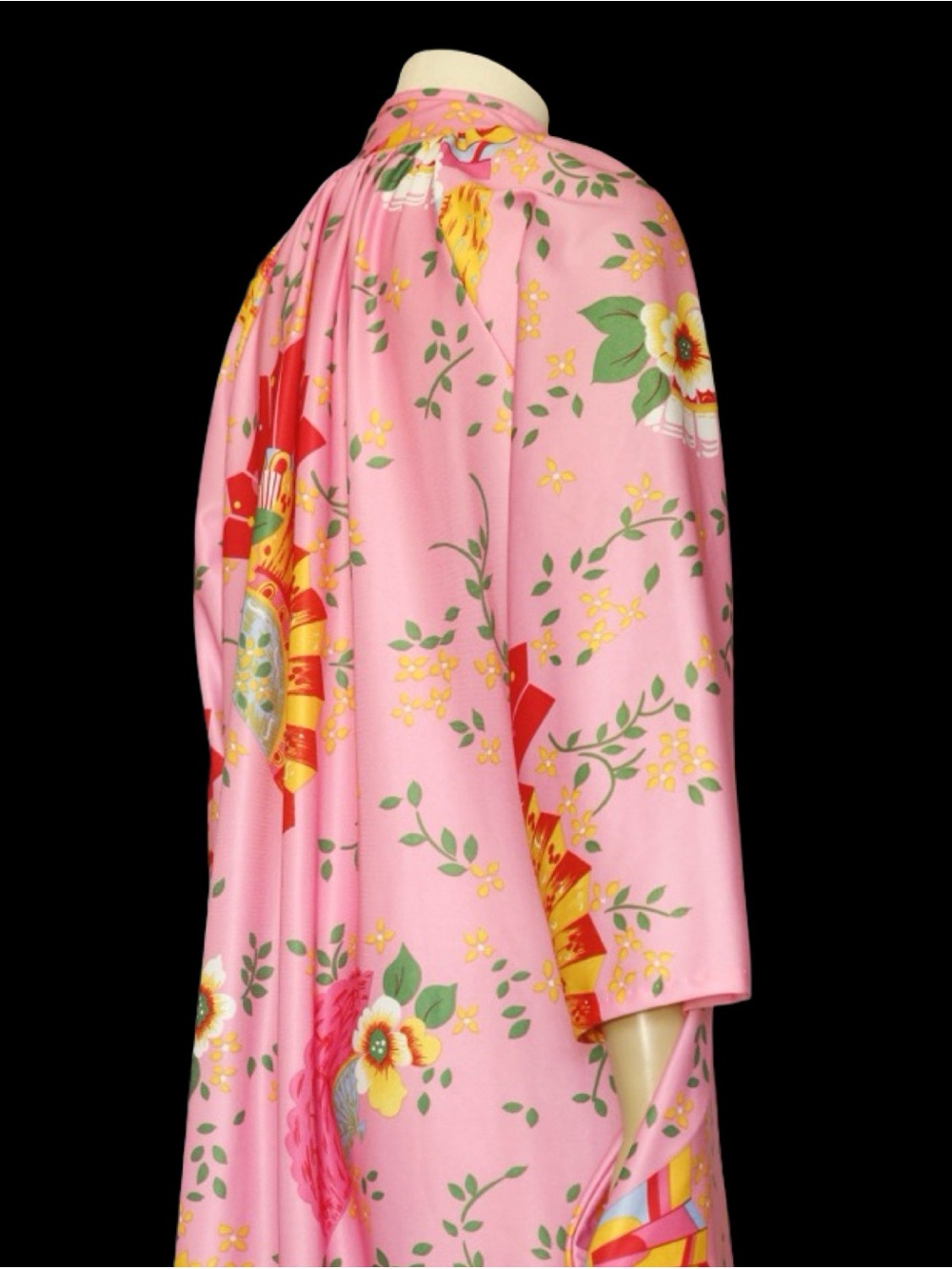 1970s Pink Japanese Fan Floral Housedress Maxi Robe Kaftan Tie Neck Vintage - Picture 6 of 14